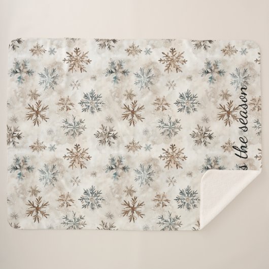 Cream Blue Brown Snowflakes Christmas Sherpa Deken (Voorkant (horizontaal))