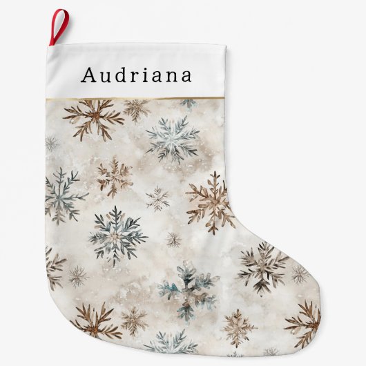 Cream Blue Brown Snowflakes   Grote Kerstsok (Voorkant)