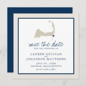Cream Blue Cape Cod Map Weddenschap Save the Date (Voorkant / Achterkant)
