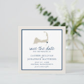 Cream Blue Cape Cod Map Weddenschap Save the Date (Staand voorkant)