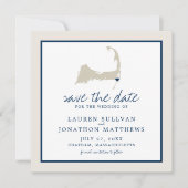 Cream Blue Cape Cod Map Weddenschap Save the Date (Voorkant)