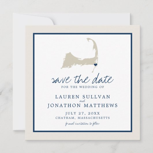 Cream Blue Cape Cod Map Weddenschap Save the Date (Voorkant)