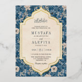  Cream Blue Floral Muslim Wedding Gold Folie Uitnodiging (Voorkant)