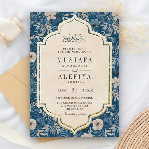  Cream Blue Floral Muslim Wedding Gold Folie Uitnodiging