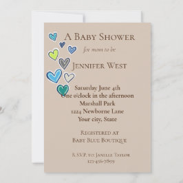 Cream Blue Green Hearts Baby shower Kaart