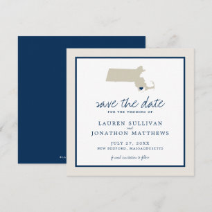 Cream Blue Massachusetts Map Weddenschap Save the Date