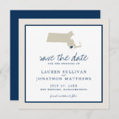 Cream Blue Massachusetts Map Weddenschap Save the Save The Date (Voorkant / Achterkant)