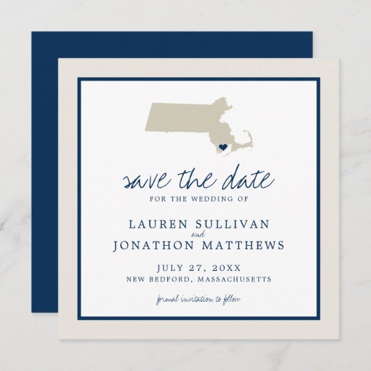 Cream Blue Massachusetts Map Weddenschap Save the  Save The Date (Voorkant / Achterkant)
