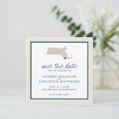 Cream Blue Massachusetts Map Weddenschap Save the  Save The Date (Staand voorkant)