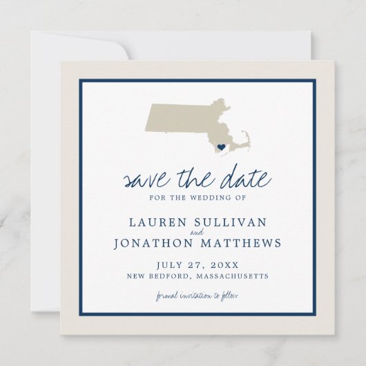 Cream Blue Massachusetts Map Weddenschap Save the Save The Date (Voorkant)