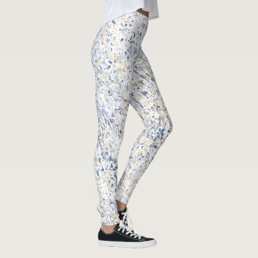 Cream Blue Paint Splatter Abstract Leggings (Rechts)