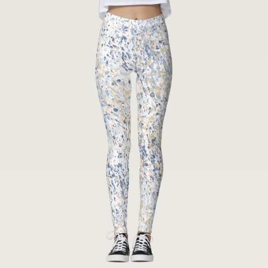 Cream Blue Paint Splatter Abstract Leggings (Voorkant)