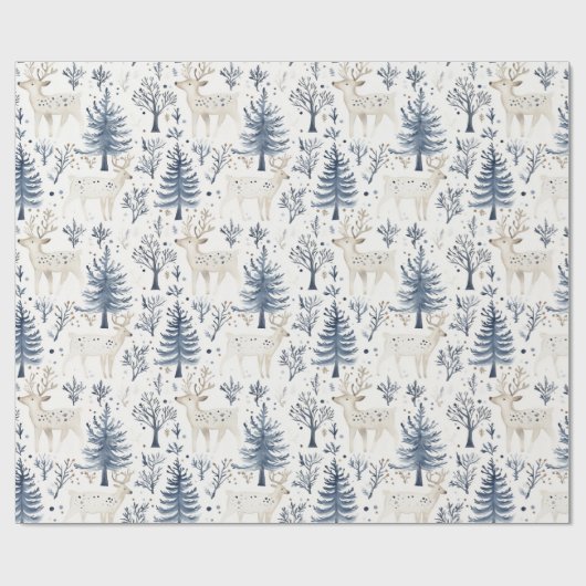 Cream Blue Pine Tree Deer Christmas Cadeaupapier (Vlak)