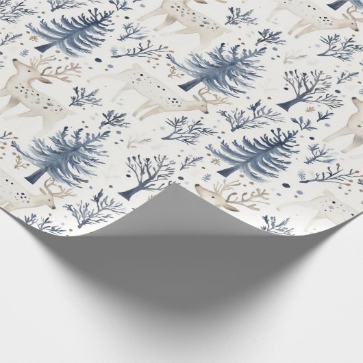 Cream Blue Pine Tree Deer Christmas Cadeaupapier (Hoek)