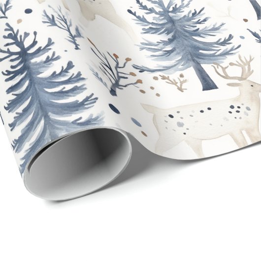 Cream Blue Pine Tree Deer Christmas Cadeaupapier (Rol Hoek)