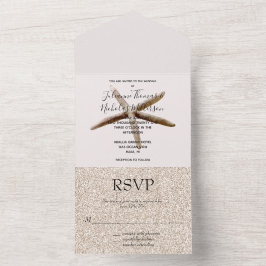 Cream Blush Beach Zeester Bruiloft All In One Uitnodiging (Binnen)