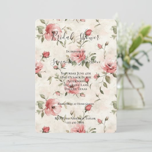 Cream Blush Pink Roses Floral Bridal Shower Kaart (Staand voorkant)