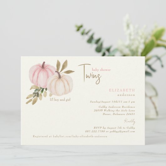Cream Blush Twins Little Pumpkins Baby Shower Kaart (Staand voorkant)