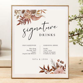 Cream Boho Floral Bar Signature Drinken Wedding Poster