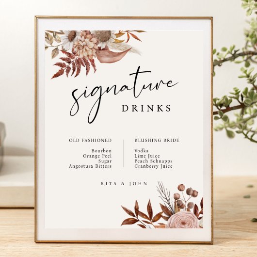 Cream Boho Floral Bar Signature Drinken Wedding Poster