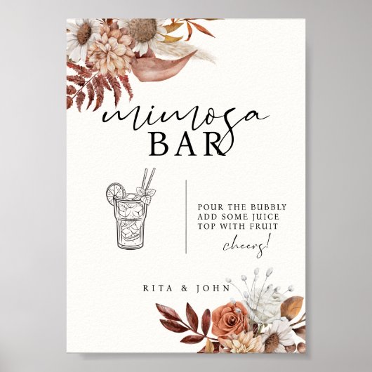 Cream Boho Floral Mimosa Bar Trouwbord Poster (Voorkant)