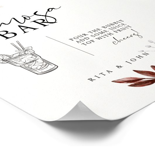 Cream Boho Floral Mimosa Bar Trouwbord Poster (Hoek)