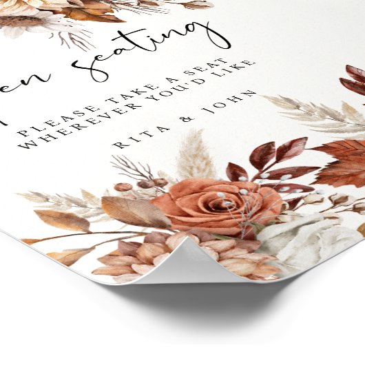 Cream Boho Floral Open Zitplaatsen Trouwbord Poster (Hoek)