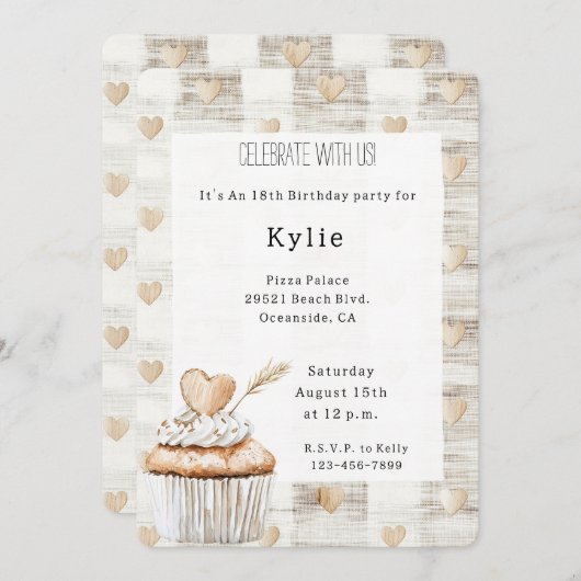 Cream Boho Hearts Cupcake Verjaardag Kaart (Voorkant / Achterkant)