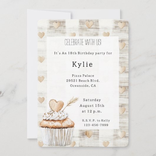 Cream Boho Hearts Cupcake Verjaardag Kaart (Voorkant)