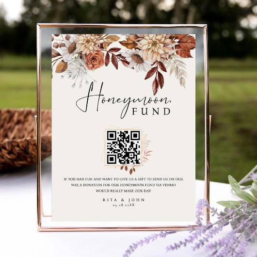 Cream Boho Honeymoon Fund QR Code Trouwbord Reclamebord Met Voetstuk