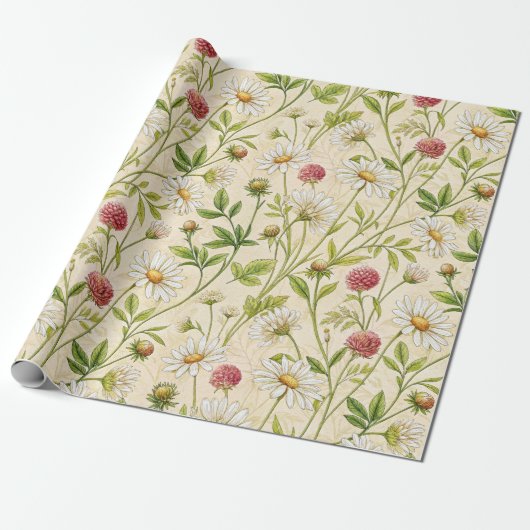 Cream Boho Meadow with Daisies and Clover Cadeaupapier (Uitgerold)