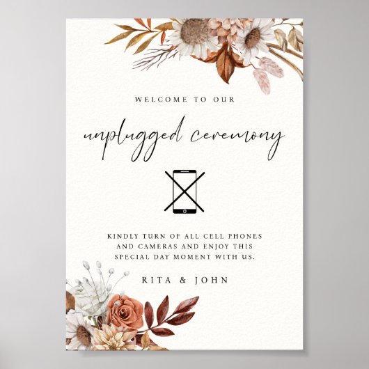 Cream Boho Unplugged Ceremony Wedding Sign Poster (Voorkant)