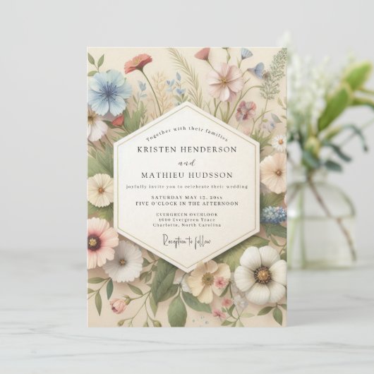 Cream Botanical Whimsical Wedding Kaart (Staand voorkant)