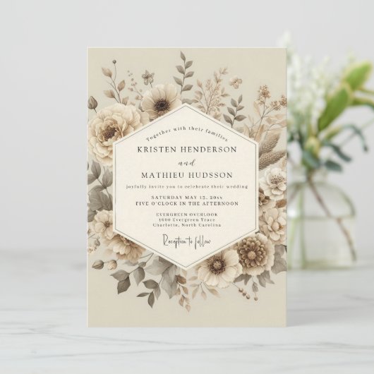 Cream Botanical Woodland Wedding Kaart (Staand voorkant)