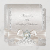 Cream Bow Pearl Damask Diamond Birthday Party Kaart (Voorkant / Achterkant)