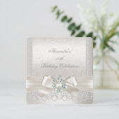 Cream Bow Pearl Damask Diamond Birthday Party Kaart (Staand voorkant)