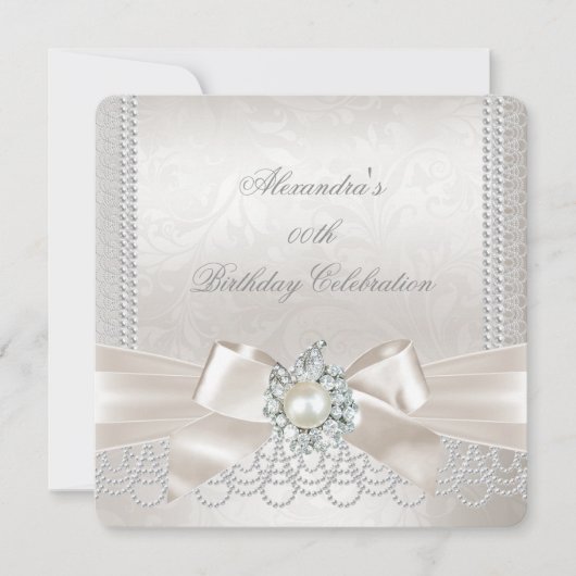 Cream Bow Pearl Damask Diamond Birthday Party Kaart (Voorkant)