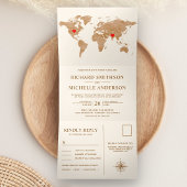 Cream Bronze World Map All in One Wedding Drieluik Uitnodiging