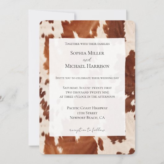 Cream Brown Cowhide Western Wedding Kaart (Voorkant)