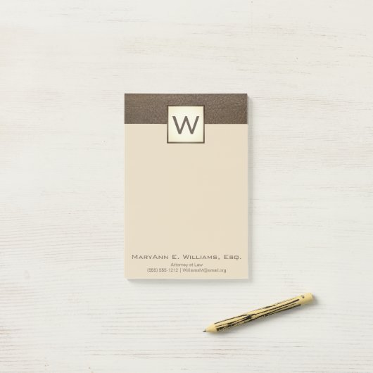 Cream Brown Faux Leather Executive Monogram Post-it® Notes (Op bureau)