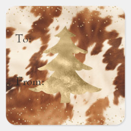 Cream Brown Koeienhuid Gold Tree Vierkante Sticker