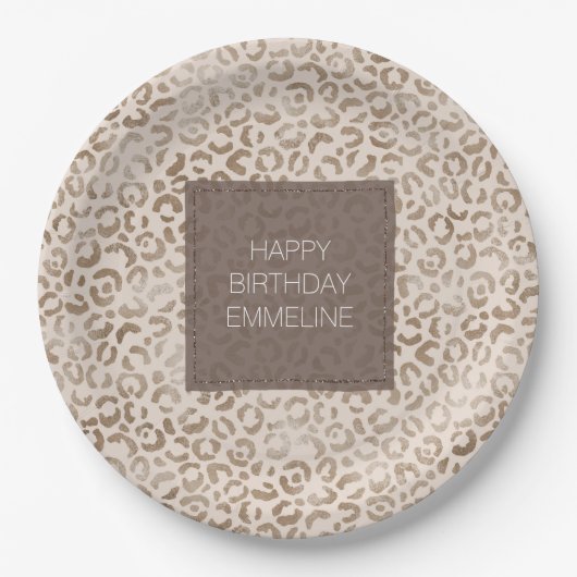 Cream Brown Leopard Print Birthday   Papieren Bordje (Voorkant)