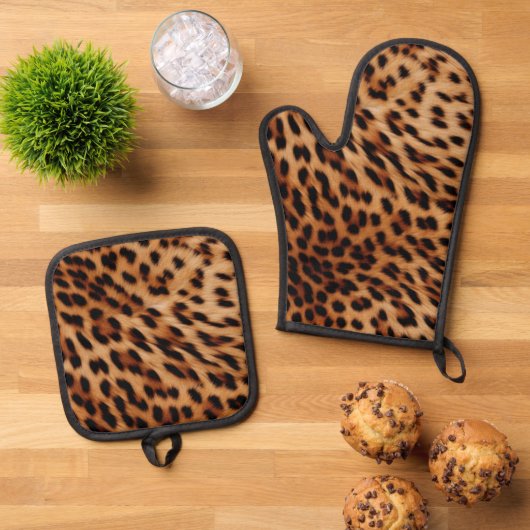 Cream Brown Leopard Print Ovenwant & Pannenlap Set (Top down)