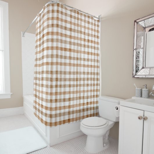 Cream Brown Stripes Tan Plaid Douchegordijn (In situ)