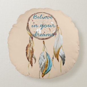 Cream Brown Turquoise Dream catcher waterverf Rond Kussen