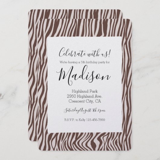 Cream Brown Zebra Print Verjaardag Kaart (Voorkant / Achterkant)