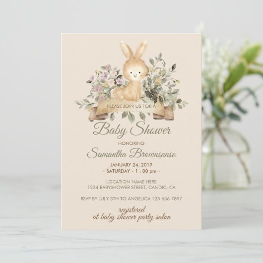 Cream Bunny Rabbit Botanical Floral Baby Shower Kaart (Staand voorkant)