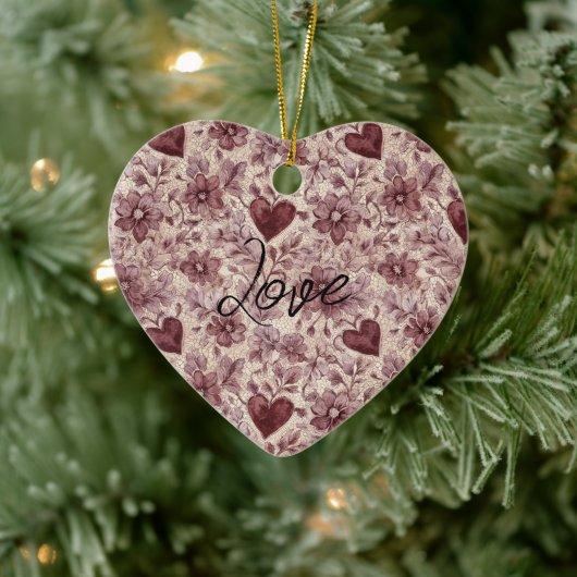 Cream Burgundy Red Hearts Flowers Keramisch Ornament (Boom)