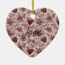 Cream Burgundy Red Hearts Flowers Keramisch Ornament