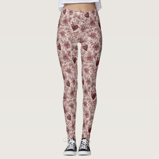 Cream Burgundy Red Hearts Flowers Leggings (Voorkant)
